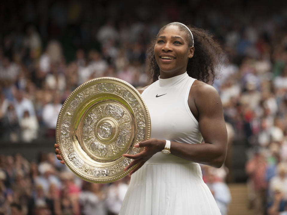 Serena Williams (USA) poses with the trophy after winning the women's singles title during The Championships, Wimbledon, at the All England Lawn Tennis and Croquet Club in London, England, UK. (Photo by Cynthia Lum/Icon Sportswire via Getty Images)