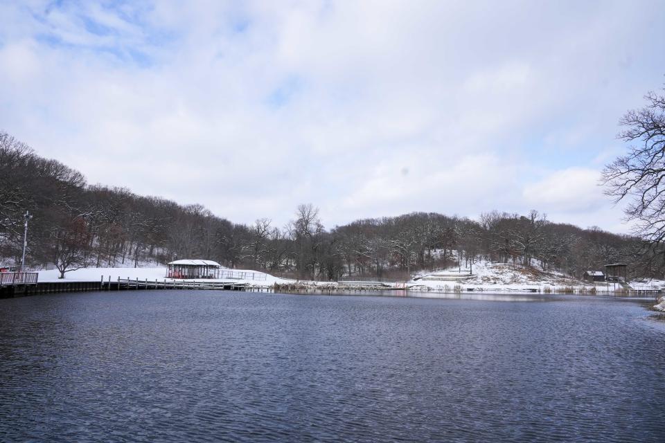 The art installation "Greenwood Pond: Double Site" at Greenwood Park in Des Moines, shown on Friday, Feb. 16, 2024, is slated to be removed later this year due to safety concerns and a high cost to rebuild it.