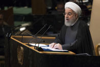 Iranian President Hassan Rouhani addresses the 73rd session of the United Nations General Assembly, Tuesday, Sept. 25, 2018 at U.N. headquarters. (AP Photo/Mary Altaffer)