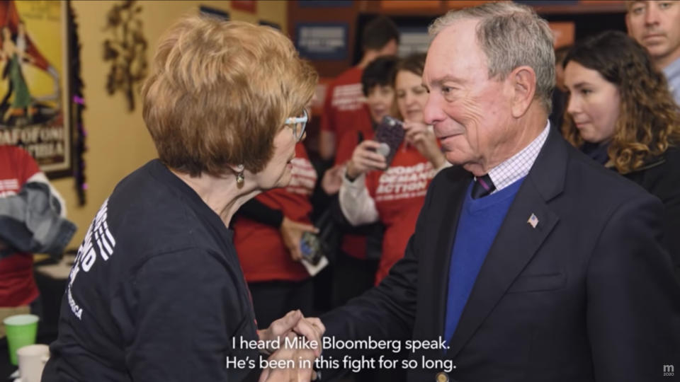 This undated image provided by Mike Bloomberg’s campaign shows a scene from the Bloomberg's 2020 Super Bowl NFL football spot. This year for the first time, national politics will invade the game as presidential candidate Michael Bloomberg and President Trump have shelled out millions to broadcast campaign ads during advertising’s biggest night, when nearly 100 million viewers are expected to tune into Fox. (Mike Bloomberg 2020 via AP)