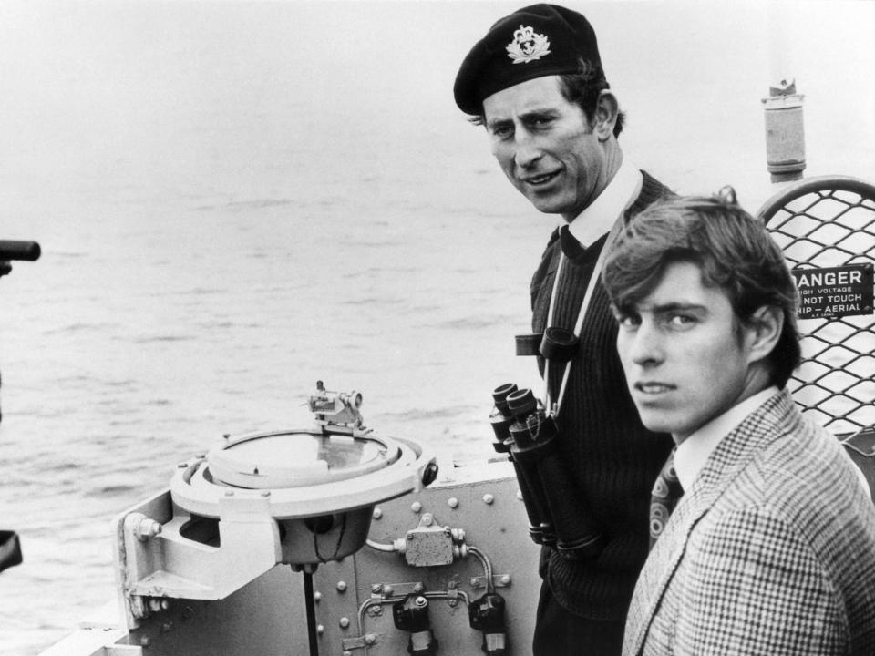 Prince Andrew when he visited his elder brother, Prince Charles (rear) aboard his ship, the coastal minesweeper HMS Bronington in London in November 1976. In an official statement from Buckingham Palace it was announced that Prince Andrew, now 18, is hoping to join the Royal Navy after he leaves Gordonstun School in Scotland next summer.