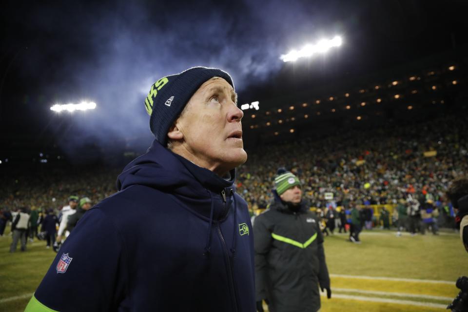 Seattle Seahawks head coach Pete Carroll walks off the field after an NFL divisional playoff football game against the Green Bay Packers Sunday, Jan. 12, 2020, in Green Bay, Wis. The Packers won 28-23 to advance to the NFC Championship. (AP Photo/Matt Ludtke)