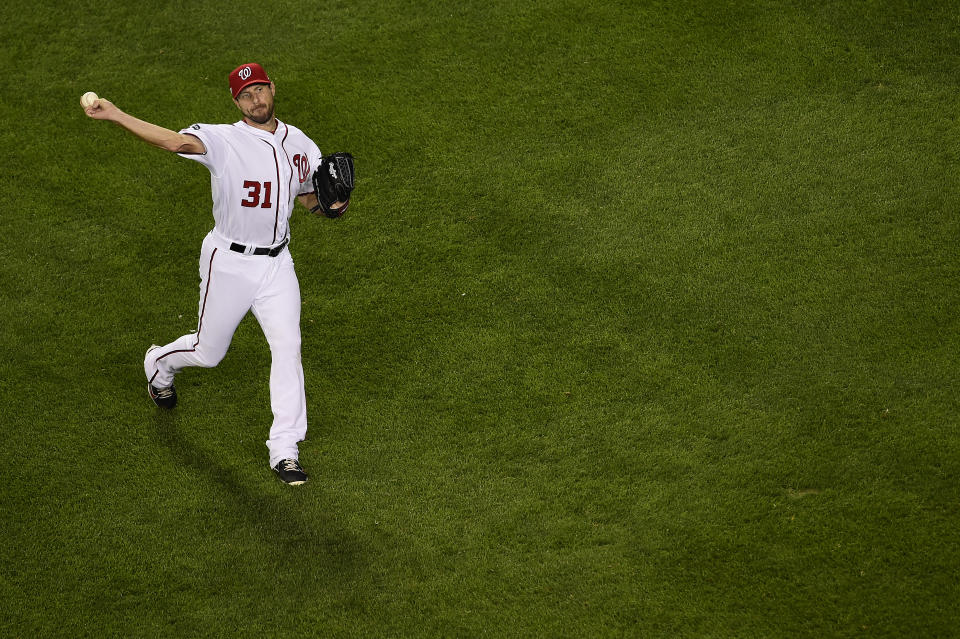 WASHINGTON, DC - OCTOBER 01: Max Scherzer #31 of the Washington Nationals warms up before the start of the National League Wild Card game against the Milwaukee Brewers at Nationals Park on October 1, 2019 in Washington, DC. (Photo by Patrick McDermott/Getty Images)