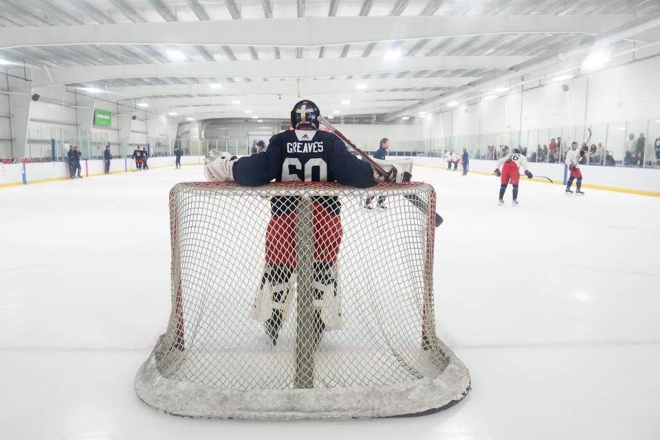 Jul. 12, 2022; Lewis Center, OH USA;  Columbus Blue Jackets goalie Jet Greaves stands in the net during development camp at the OhioHealth Chiller North in Lewis Center on July 12, 2022. Mandatory Credit: Adam Cairns-The Columbus Dispatch