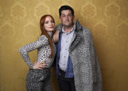 Jessica Chastain, left, the star of "The Eyes of Tammy Faye," poses for a portrait with director Michael Showalter during the 2021 Toronto International Film Festival, Sunday, Sept. 12, 2012, at the Royal Fairmont York in Toronto. (AP Photo/Chris Pizzello)