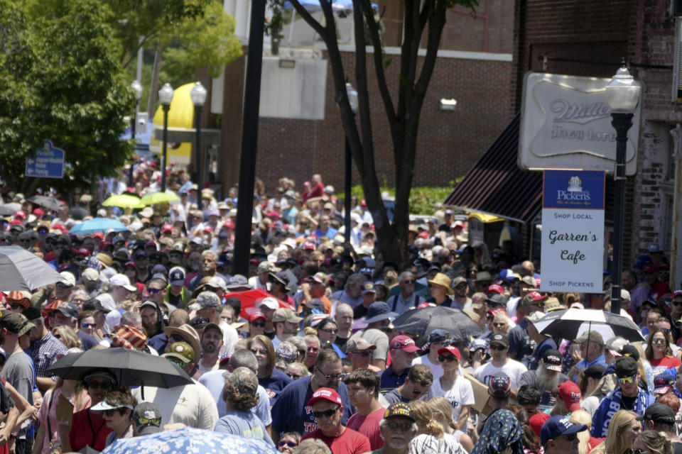 Thousands of people fill the streets for a campaign rally for former President Donald Trump on Saturday, July 1, 2023, in Pickens, S.C. The gathering was Trump's first 2024 campaign event in the early-voting state since January. (AP Photo/Meg Kinnard)