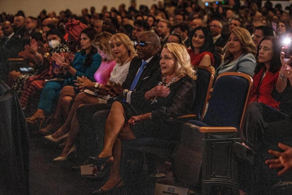 School Board Chair Perla Tabares Hantman reacts as she is recognized during the Miami Dade County Public Schools District 2022-2023 Opening of Schools event at Miami Senior High School on Friday, Aug. 5.