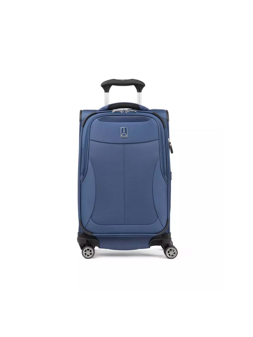 Dark blue spinner suitcase with wheels and handle