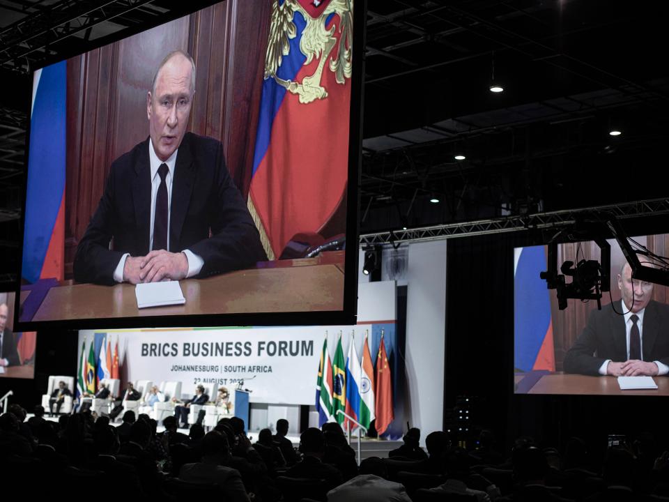 Russian President Vladimir Putin speaks to the Brics Business Summit via a prerecorded video on August 22, 2023 in Johannesburg