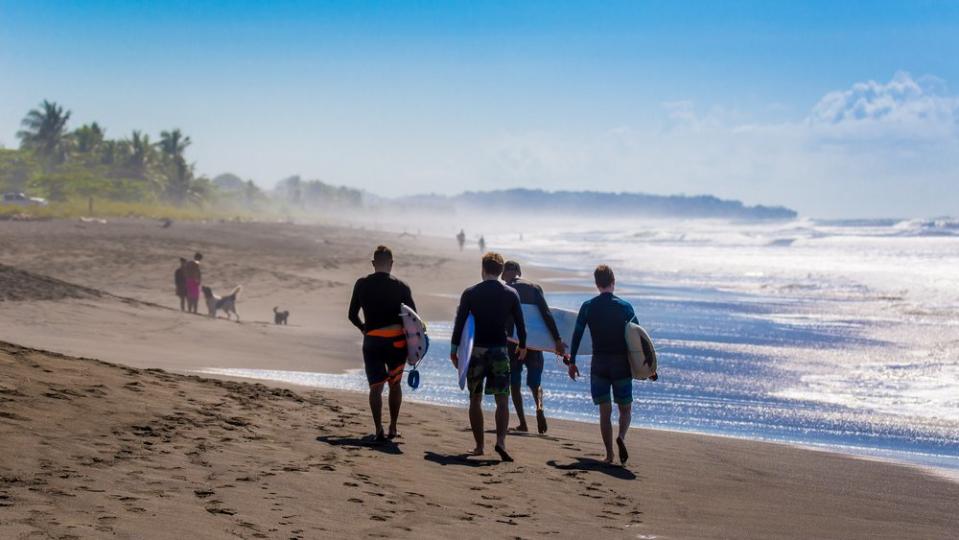 surfers walking into water
