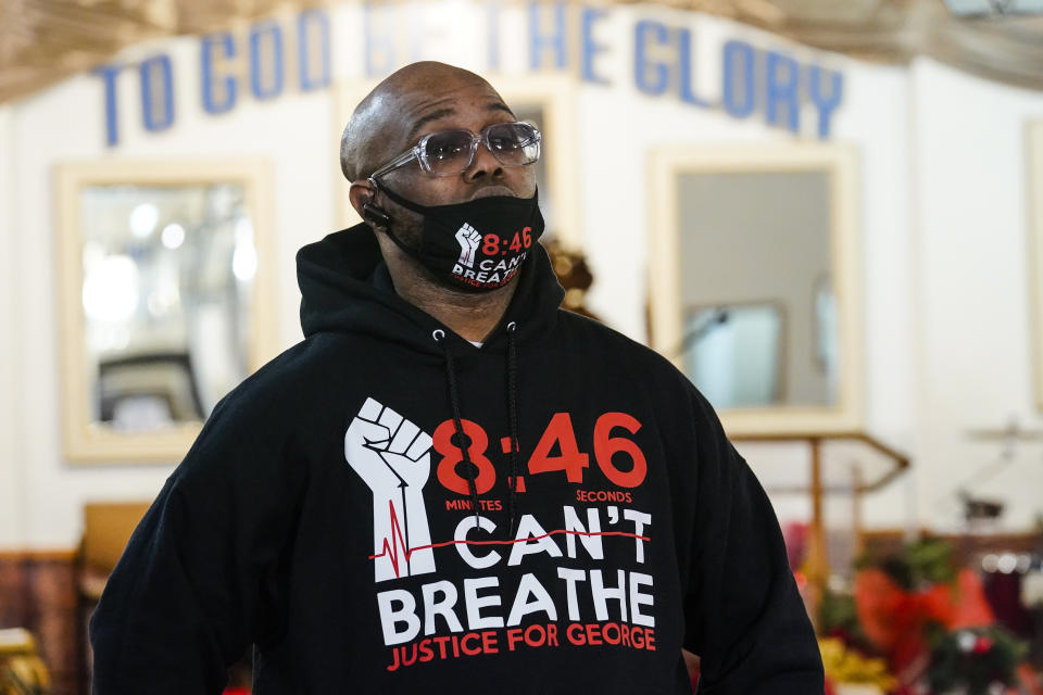 Terrence Floyd, brother of George Floyd, after a recording session for an album of protest songs Monday, Dec. 28, 2020, in New York. A full album of songs is set for release in May, one year after George Floyd’s death at the hands of police in Minneapolis. Billed as the first album of its kind, the project follows a long history of racial justice messages and protest slogans crossing over into popular music and culture. (AP Photo/Frank Franklin II)