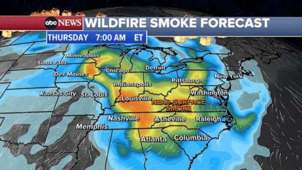 PHOTO: Smoke from Canadian wildfires will be seen in major U.S. cities like Minneapolis, Chicago, Indianapolis, Atlanta and Pittsburg on the morning of June 29, 2023. (ABC News)