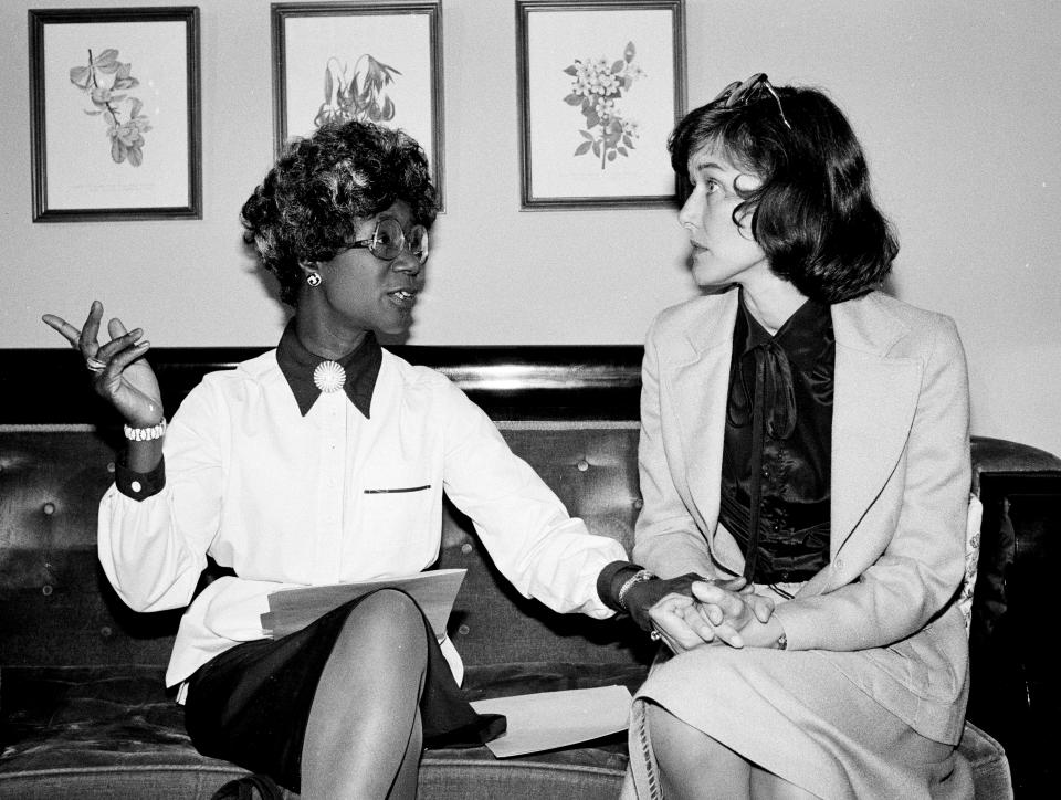 FILE - Congresswomen Shirley Chisholm, D-N.Y., left, and Pat Schroeder, D-Colo., are pictured at a news conference in Washington on July 31, 1979. Schroeder, a former Colorado representative and pioneer for women’s and family rights in Congress, has died at the age of 82. Schroeder's former press secretary, Andrea Camp, said Schroeder suffered a stroke recently and died Monday night, March 13, 2023, at a hospital in Florida, the state where she had been residing. (AP Photo/John Duricka, File)