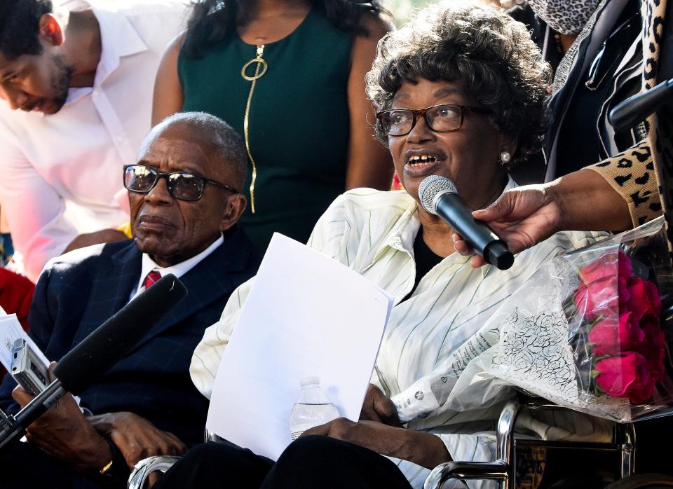 Claudette Colvin,sitting with attorney Fred Gray, speaks after filing papers to have her name cleared at family court in Montgomery, Ala., on Tuesday October 26, 2021. Colvin was convicted and given probation for not giving up her seat on a Montgomery bus in 1955