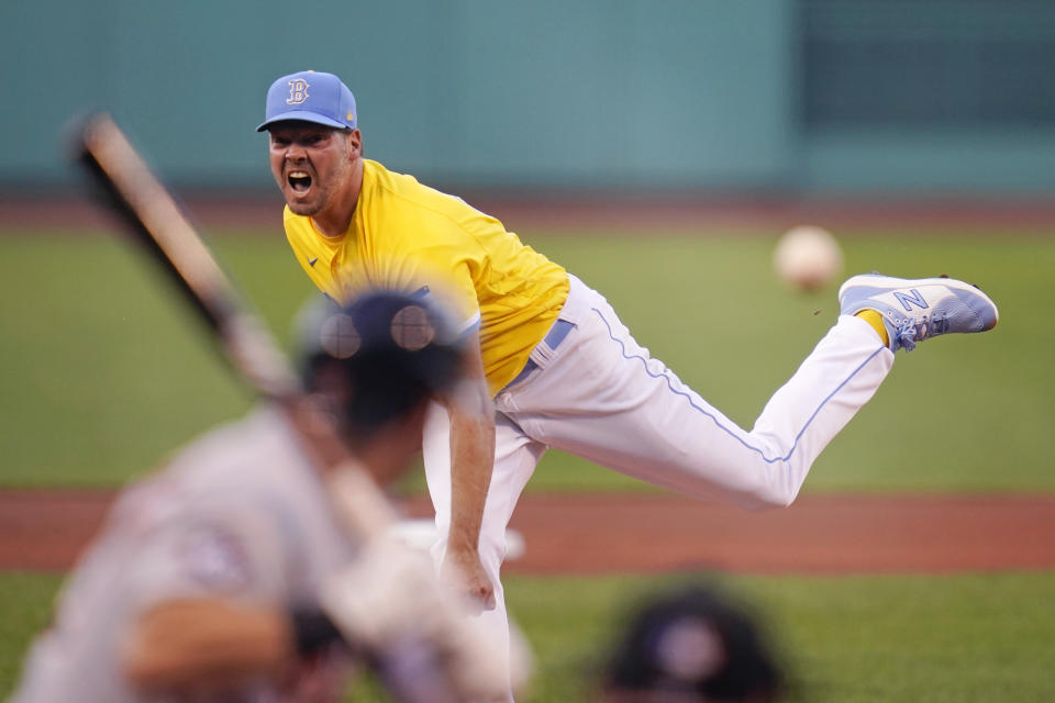 Boston Red Sox starting pitcher Rich Hill delivers during the first inning of a baseball game against the Detroit Tigers, Tuesday, June 21, 2022, at Fenway Park, in Boston. (AP Photo/Charles Krupa)