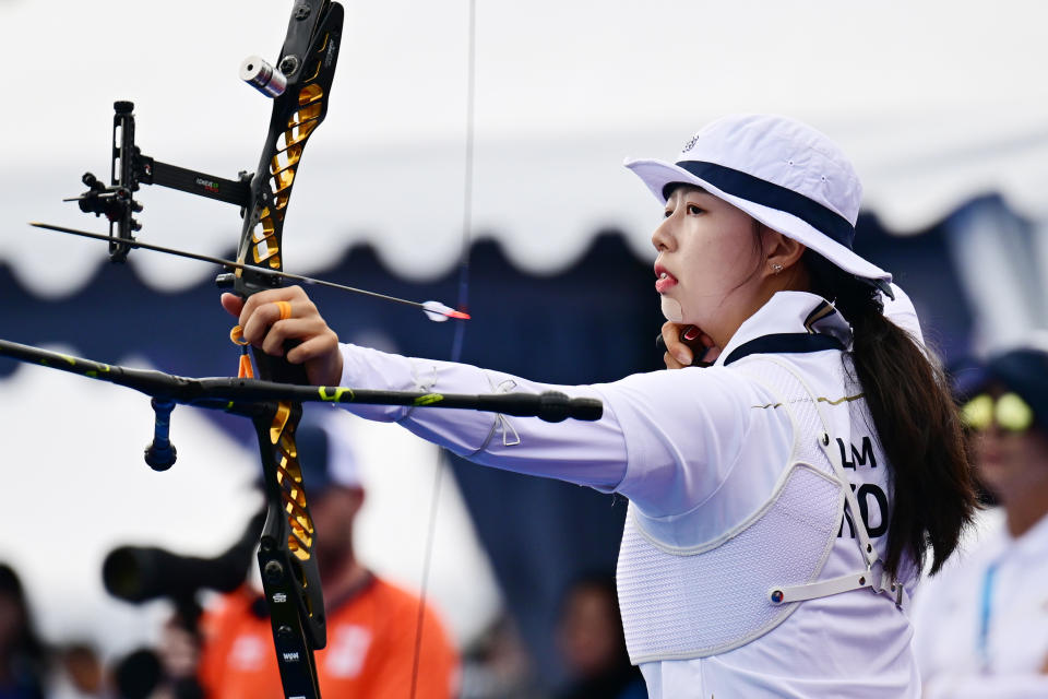 25 July 2024, France, Paris: Olympics, Summer Olympics, Paris 2024, Archery, Olympic bow, Individual, Women, Qualification, South Korean Lim Sihyeon in action. Photo: Sina Schuldt/dpa (Photo by Sina Schuldt/picture alliance via Getty Images)