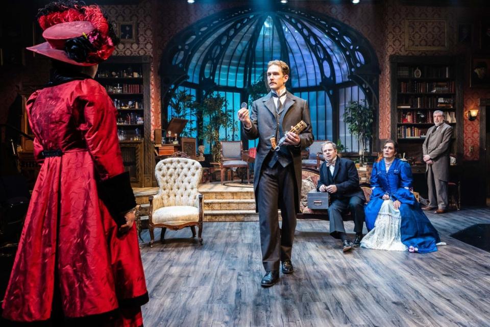 Pictured left to right, Marie Chartier (Caitlin Cavannaugh), Nikola Tesla (Rusty Mewha), Thomas Edison (David Bendena), Irene Adler (Sarab Kamoo) and Dr. John Watson (Paul Stroili) during the show "Sherlock Holmes and the Adventure of the Ghost Machine".
