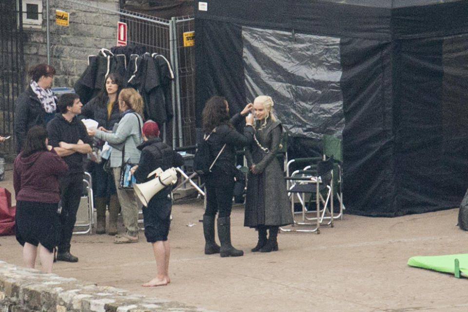 Here’s Emilia Clarke having her hair touched up on the set of <i>Game of Thrones</i> in Spain last October [Photo: Iconic/GC Images]