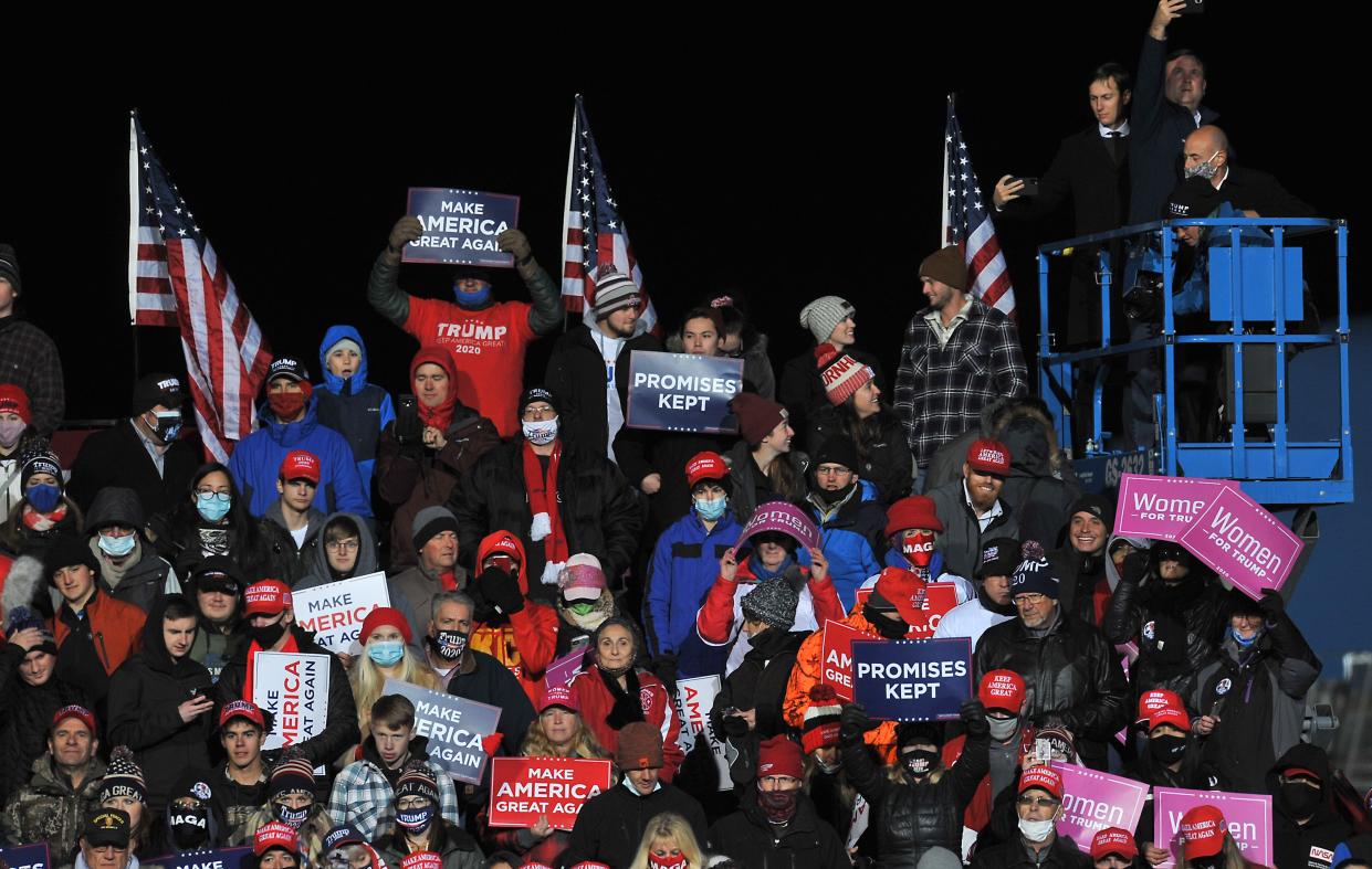 Bundled-up rallygoers at a Trump campaign event on October 27, 2020 in Omaha, Nebraska.