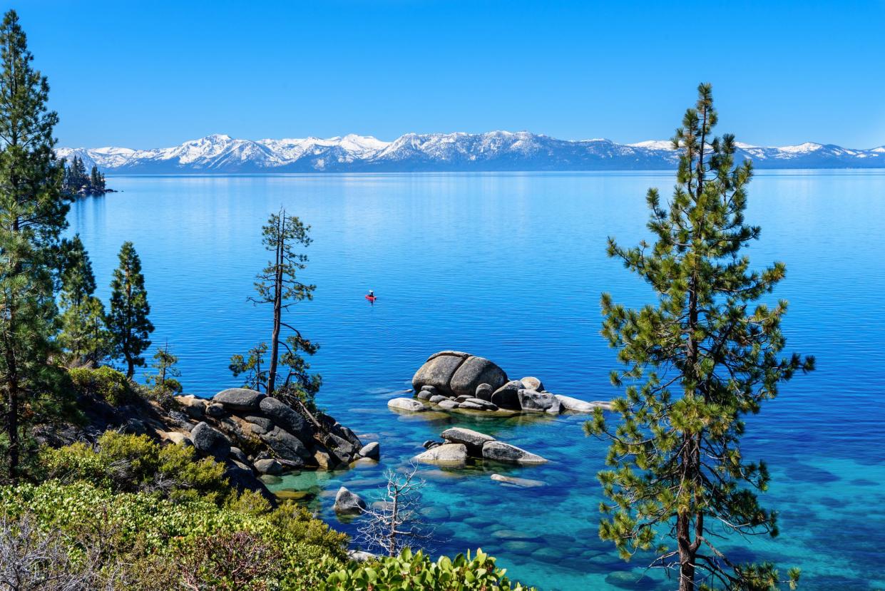 View of Lake Tahoe with snowcapped mountain in the morning, California