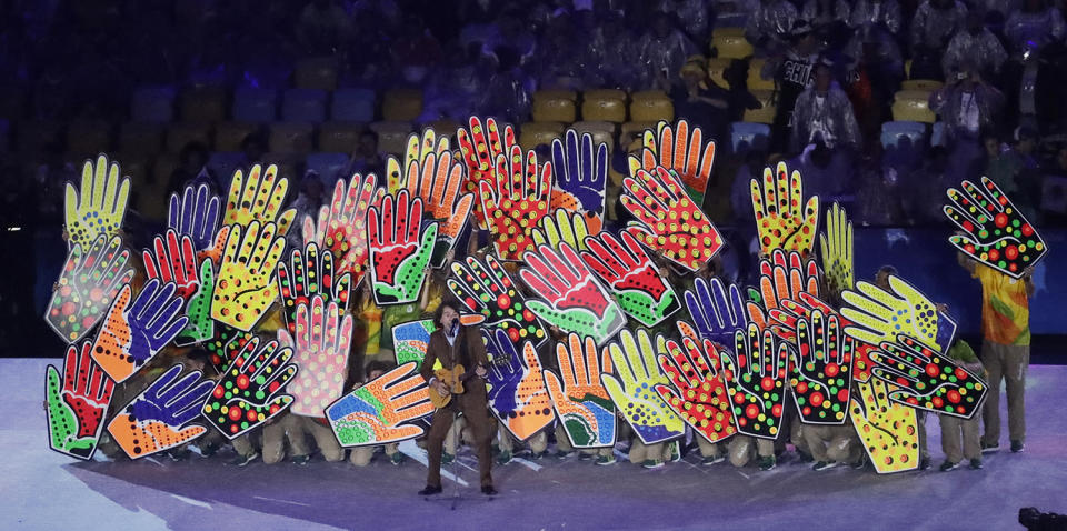 <p>Singer Lenine performs during the closing ceremony in the Maracana stadium at the 2016 Summer Olympics in Rio de Janeiro, Brazil, Sunday, Aug. 21, 2016. (AP Photo/Chris Carlson) </p>