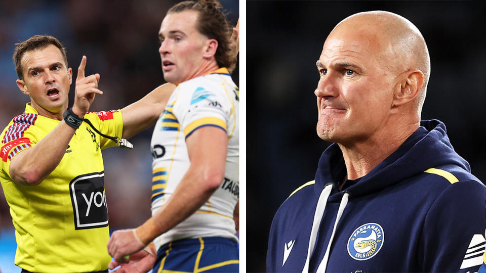 Referee Grant Atkins sends Will Penisini to the sin-bin and Eels coach Brad Arthur reacts after a game.