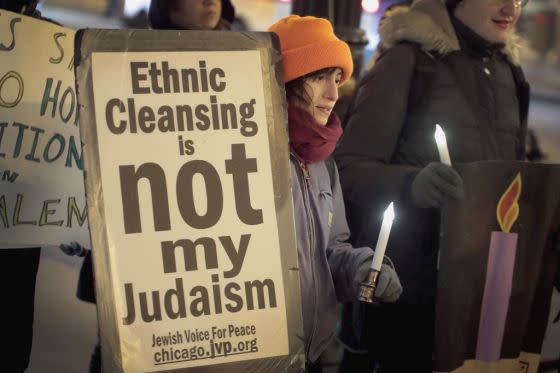 Demonstrators with Jewish Voice for Peace Chicago protest President Donald Trump's decision to recognize Jerusalem as the capital of Israel on December 14, 2017. <span class="copyright">Scott Olson—Getty Images</span>