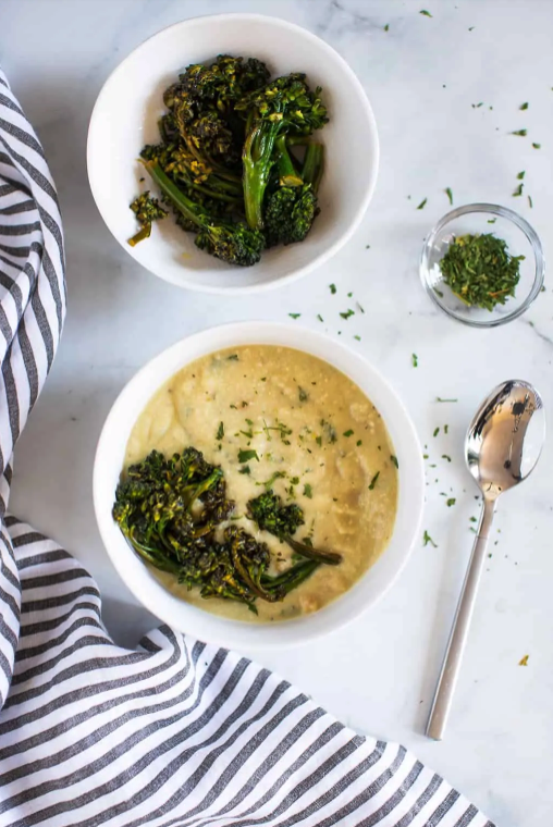 Creamy White Bean Vegan Soup and Sauteed Broccolini