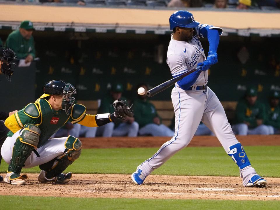 Catcher's interference is called against Oakland catcher Sean Murphy with Jorge Soler at bat.