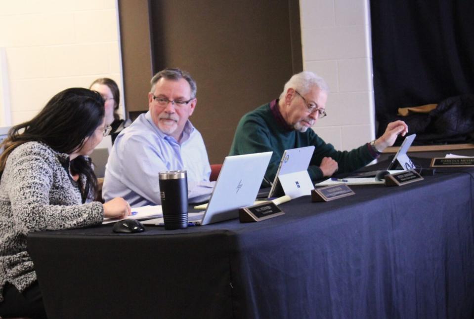 From left, Val McGovern, director of the South Dakota Board of Pardons and Parole, and board members Vaughn Beck and Peter Lieberman, pictured at a hearing on Feb. 16, 2023 at the Jameson Annex of the South Dakota State Penitentiary in Sioux Falls, SD. (John Hult/South Dakota Searchlight)