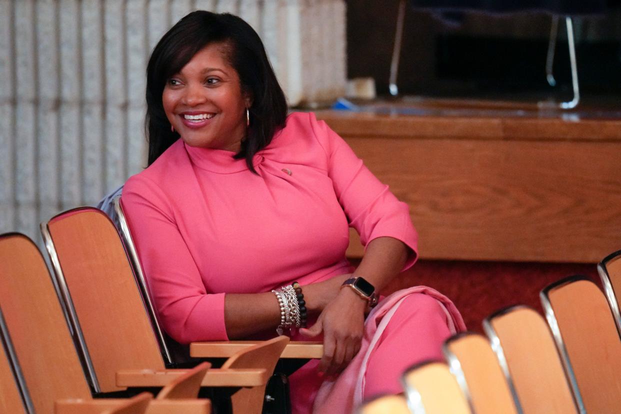 May 16, 2023; Columbus, Ohio, USA;  Interim Superintendent for Columbus City Schools Angela Chapman listens to board of education members discuss their choice of candidate for the Columbus City Schools superintendent position at Mifflin High School on May 16, 2023.