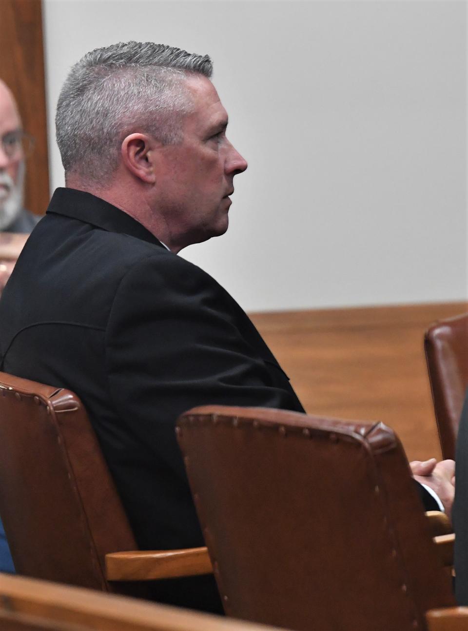 Clay County Sheriff Jeff Lyde sits and waits during proceedings at the courthouse in Henrietta.