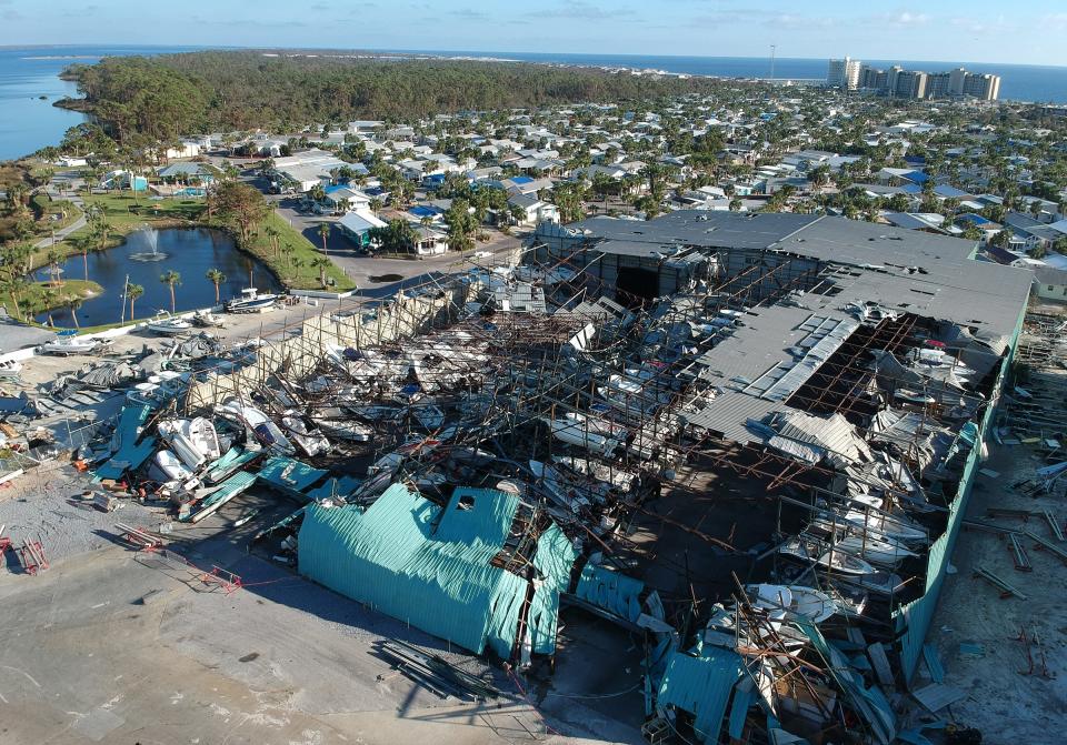 This image shows the destruction of Treasure Island Marina after Category 5 Hurricane Michael made landfall in October 2018.