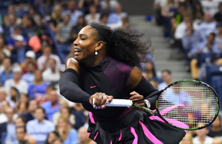 Serena Williams hits a shot to Vania King during the 2016 U.S. Open. (Robert Deutsch-USA TODAY Sports / Reuters)