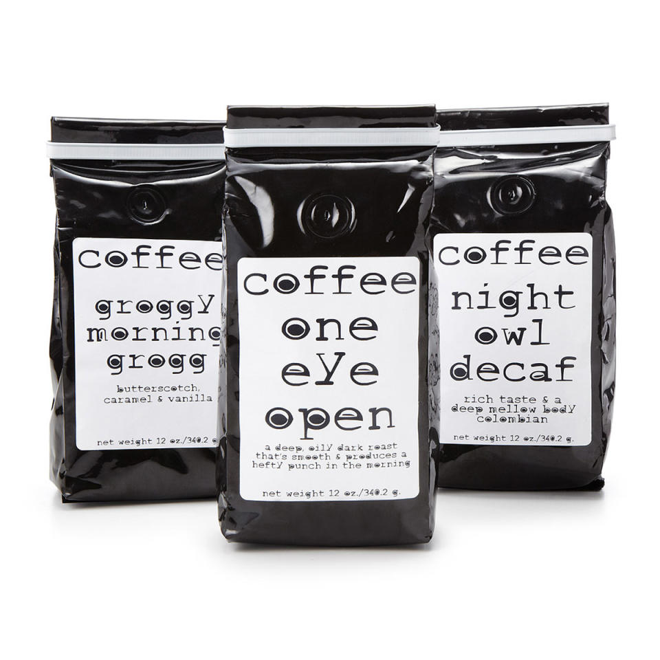 <p>These coffee experts have the perfect roast for all of your moods.</p><p>Buy it <a rel="nofollow noopener" href="https://click.linksynergy.com/fs-bin/click?id=93xLBvPhAeE&subid=0&offerid=534229.1&type=10&tmpid=319&RD_PARM1=https%253A%252F%252Fwww.uncommongoods.com%252Fproduct%252Fmorning-noon-and-night-coffee&u1=IS%2CHOL%2CGAL%2CNailtheSecretSantaExchangewithTheseGiftsUnder%2425%2Cldolak1271%2C201712%2CT" target="_blank" data-ylk="slk:here;elm:context_link;itc:0;sec:content-canvas" class="link ">here</a> for $12.</p>