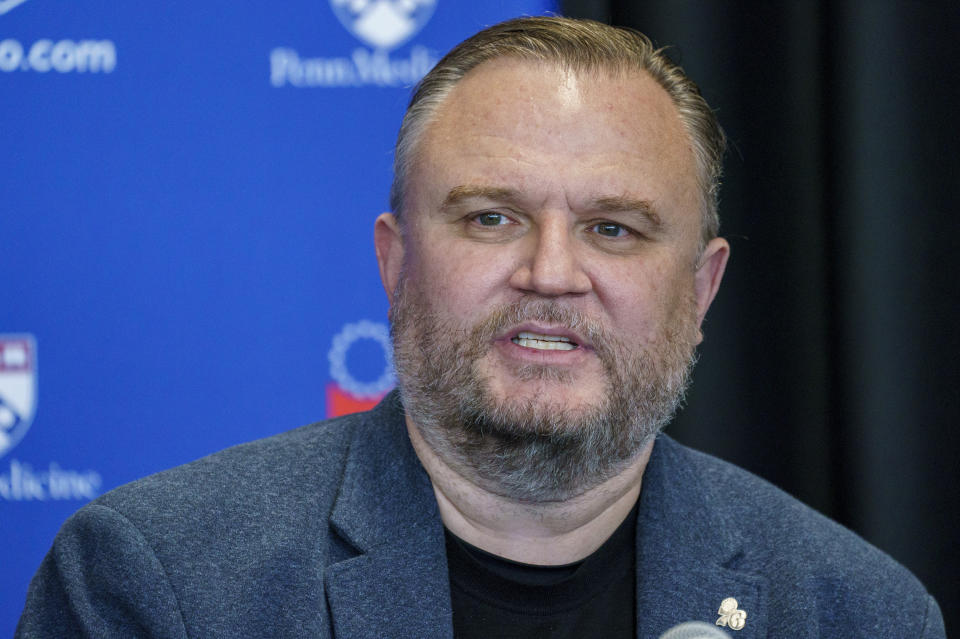 Philadelphia 76ers president Daryl Morey takes questions from the media at a press conference at the NBA basketball team's facility, June 1, 2023, in Camden, N.J. Morey composed an offbeat kind of basketball musical. Morey came up with "Small Ball," about a small team with big basketball dreams set on the fictional Lilliput island out of "Gulliver's Travels." (AP Photo/Chris Szagola)