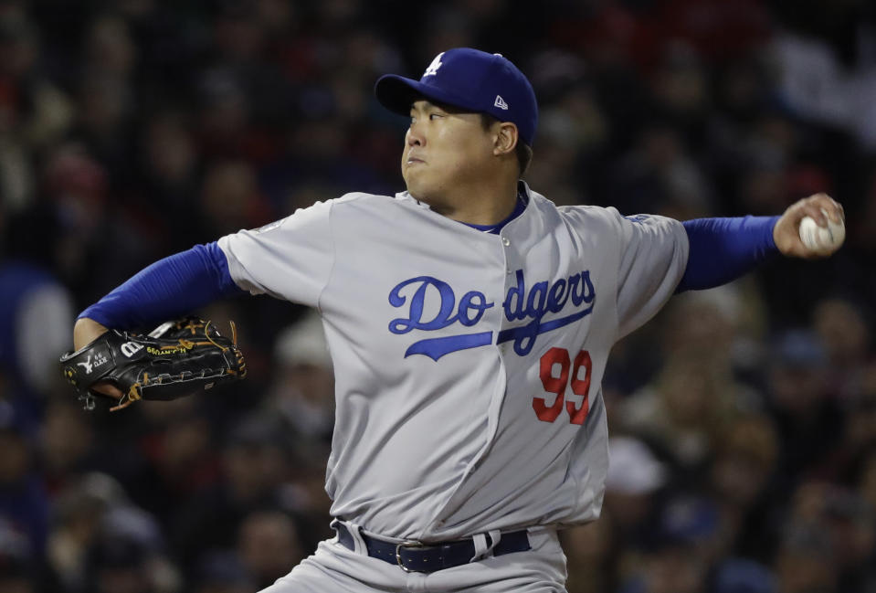 Los Angeles Dodgers pitcher Hyun-Jin Ryu throws during the first inning of Game 2 of the World Series baseball game Wednesday, Oct. 24, 2018, in Boston. (AP Photo/David J. Phillip)