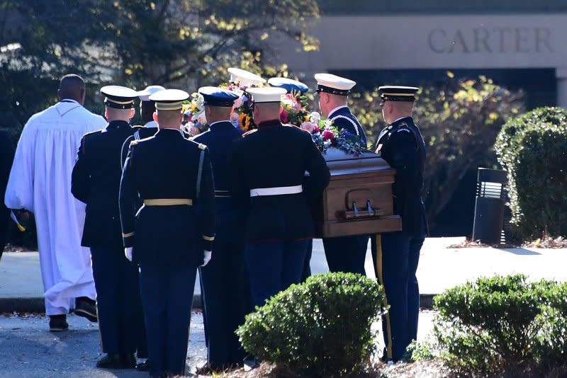 The casket with the remains of former first lady Rosalynn Carter arrives Monday at the Jimmy Carter Presidential Library and Museum in Atlanta where she lay in repose before three days of memorials. Photo by Scott Cunningham/UPI