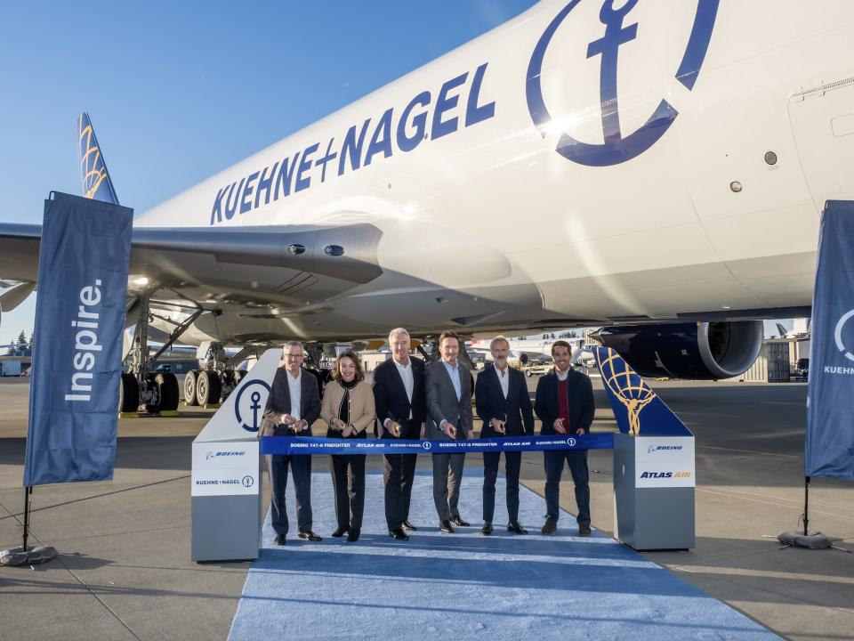 Ribbon cutting ceremony at Boeing Everett Delivery Center - Left to right: Brad McMullen, Senior Vice President of Sales Boeing - Kim Smith, Vice President and General Manager of the Boeing 747/767 Program - John Dietrich, President & CEO, Atlas Air Worldwide - Michael Steen, Executive Vice President & Chief Commercial Officer, Atlas Air Worldwide - Yngve Ruud, Executive Vice President Air Logistics at Kuehne+Nagel - Omar Molina, Director of Global Transportation, Google Devices and Services.