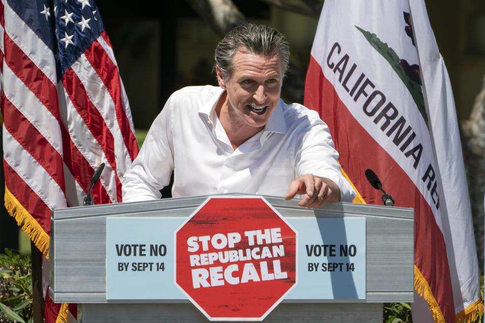 California Gov. Gavin Newsom campaigns against the recall election at Culver City High School in Culver City, Calif., Saturday, Sept. 4, 2021. (AP Photo/Damian Dovarganes)