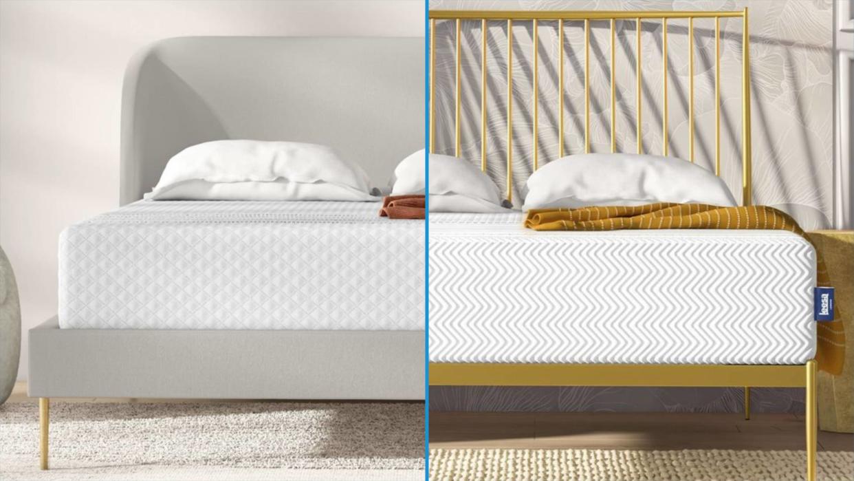  Leesa Sapira Hybrid vs Leesa Legend Hybrid mattress image shows the Sapira mattress on a grey bedframe on the left and the Legend Hybrid on a wooden bedframe on the right. 