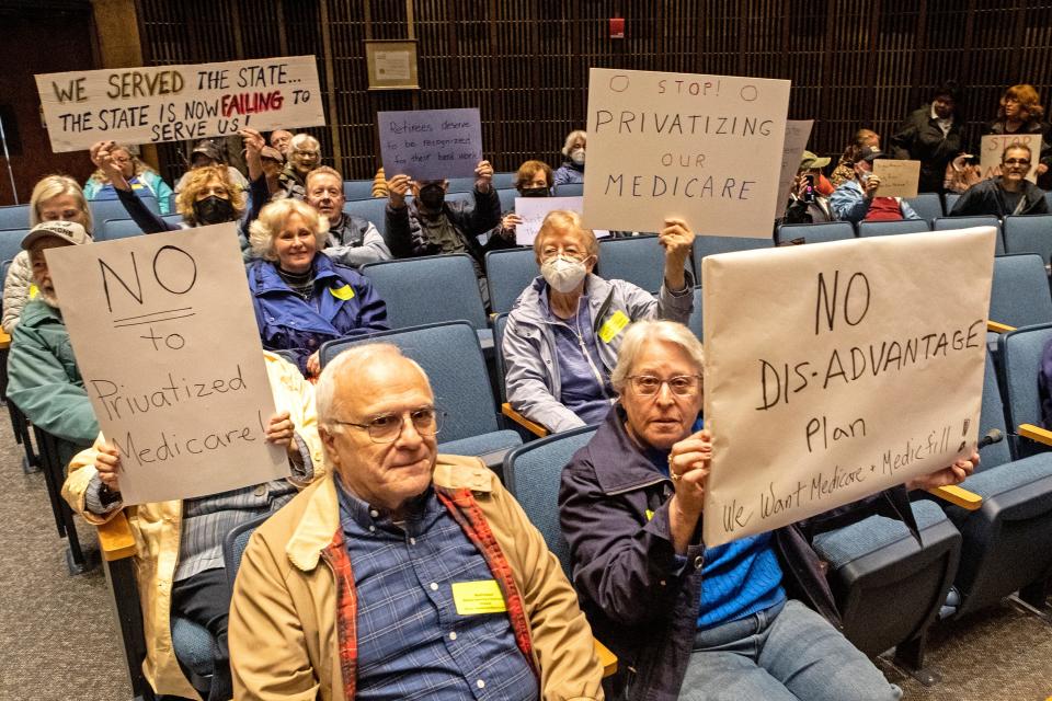 Protesters attend a "Delaware MedicareDisAdvantage Plan for State Retirees" protest against changes to their health care plan at the Louis L. Redding City County Building in downtown Wilmington, Tuesday, Oct. 4, 2022. A new state sponsored plan entitled Medicare Advantage would replace the original Medicate plus supplemental plans.