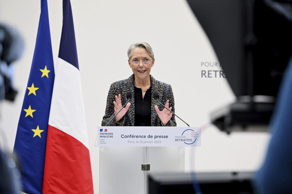 French Prime Minister Elisabeth Borne delivers her speech during a press conference in Paris, Tuesday, Jan. 10, 2023. Borne is unveiling a highly sensitive pension overhaul aimed at pushing up the retirement age. It has already prompted vigorous criticism and calls for protests from leftist opponents and worker unions. (Bertrand Guay, Pool via AP)