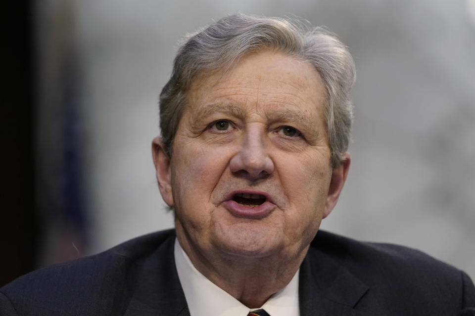 FILE - U.S. Sen. John Kennedy, R-La., speaks during a Senate Judiciary Committee confirmation hearing of then Supreme Court nominee Ketanji Brown Jackson on Capitol Hill in Washington on March 22, 2022. Kennedy faces 12 other candidates in his reelection bid for the U.S. Senate on Nov. 8, 2022. (AP Photo/Alex Brandon, File)