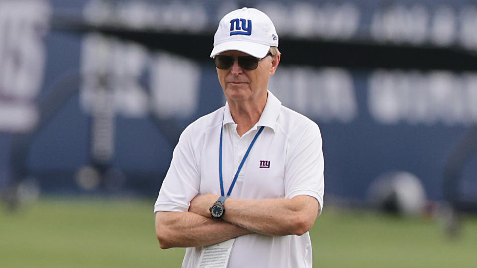 New York Giants president and chief executive officer John Mara looks on during training camp at Quest Diagnostics Training Center.