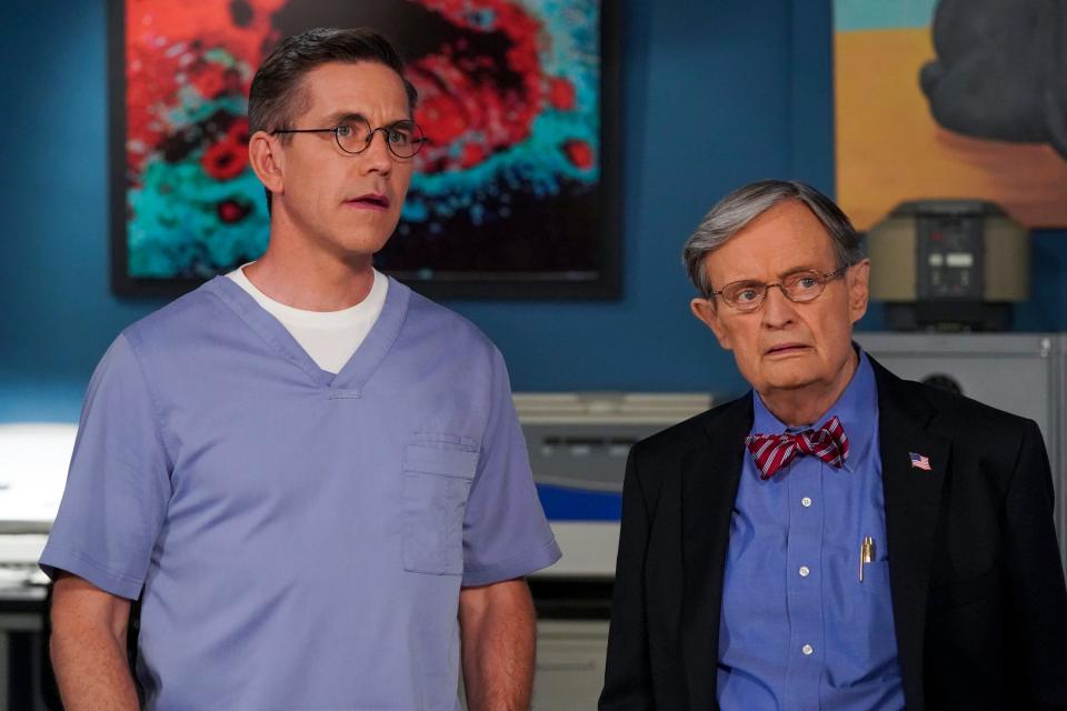 Brian Dietzen as Jimmy Palmer and David McCallum as Dr. Donald "Ducky" Mallard in Season 19 of "NCIS." McCallum died in Sept. 2023 and received a "NCIS" episode tribute on Feb. 19, written by Dietzen and his writing partner Scott Williams.