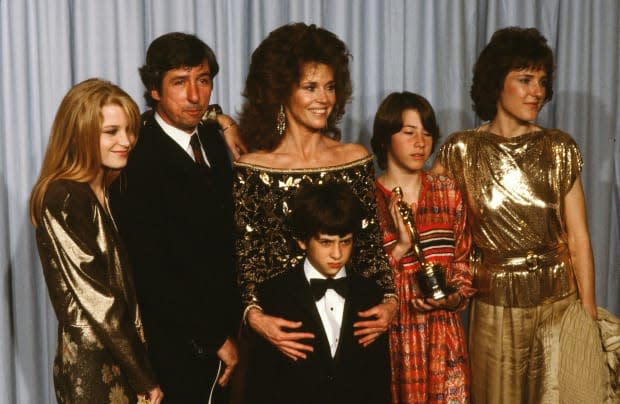 Jane Fonda with husband Tom Hayden and Bridgette Fonda, Troy Garity, Vanessa Vadim and Amy Fonda backstage after accepting her father Henry Fonda's Best Actor Oscar<p><a href="https://www.gettyimages.com/detail/562788849" rel="nofollow noopener" target="_blank" data-ylk="slk:Michael Ochs Archives/Getty Images;elm:context_link;itc:0;sec:content-canvas" class="link ">Michael Ochs Archives/Getty Images</a></p>