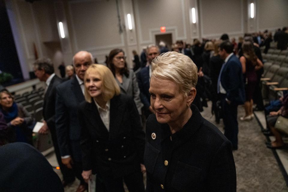Head of the World Food Programme, and wife of late Senator John McCain, Cindy McCain attends a memorial service for the late Supreme Court Justice Sandra Day O'Connor at Madison Center for the Arts in Phoenix on December 22, 2023.