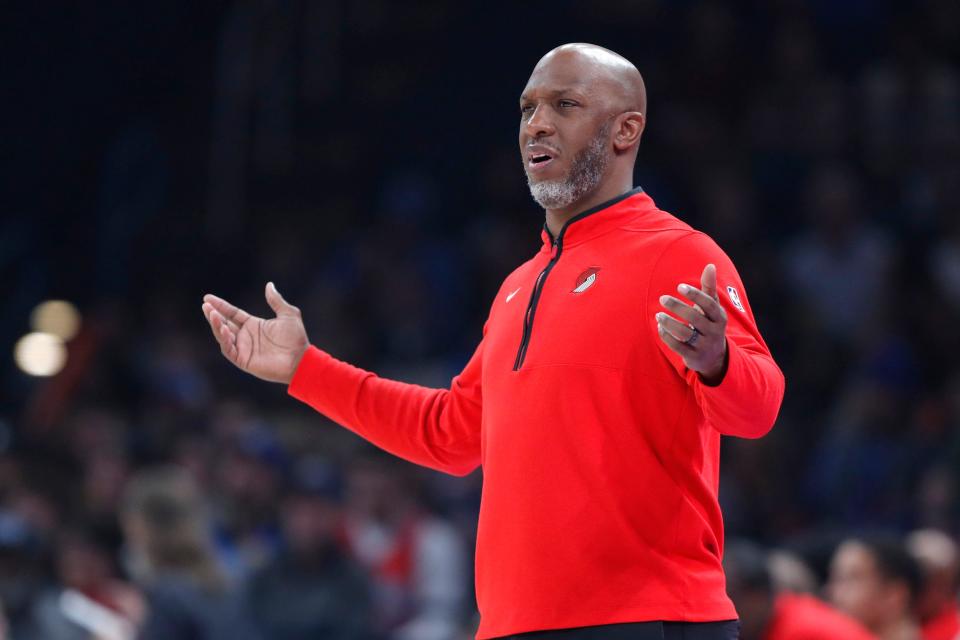 Portland coach Chauncey Billups gestures during an NBA basketball game between the Oklahoma City Thunder and the Portland Trail Blazers at Paycom Center in Oklahoma City, Thursday, Jan. 11, 2024. Oklahoma City won 139-77.