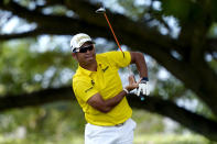 Hideki Matsuyama, of Japan, watches his shot from the second tee during the final round of the Sony Open golf tournament, Sunday, Jan. 16, 2022, at Waialae Country Club in Honolulu. (AP Photo/Matt York)